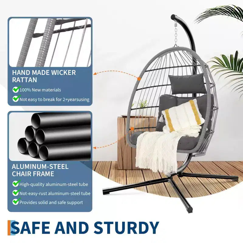 Sedia a Uovo Sospesa con Supporto – Sedia a dondolo in Rattan Wicker con Cuscino, capacità 158 kg, per Interni ed Esterni