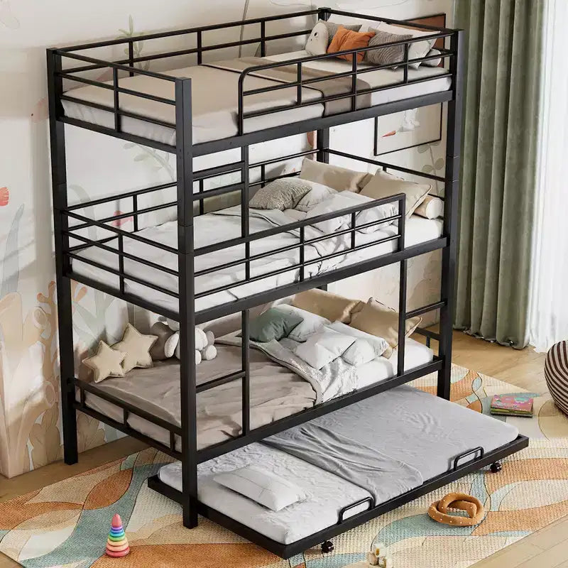 Letto a castello triplo con letto estraibile, singolo su singolo su singolo, struttura in metallo