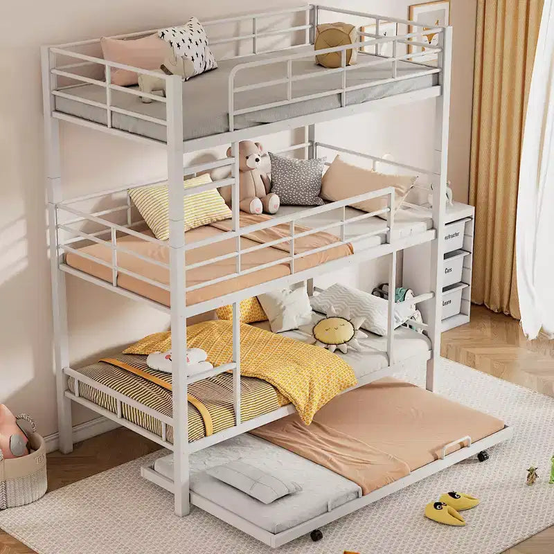 Letto a castello triplo con letto estraibile, singolo su singolo su singolo, struttura in metallo
