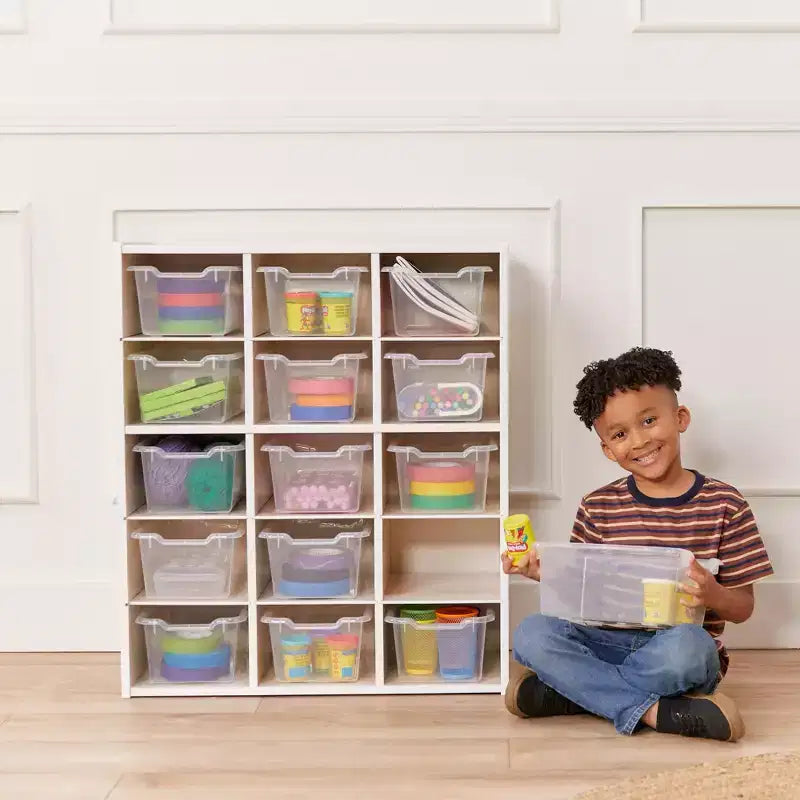 Armadio contenitore a 15 scomparti con cassetti a vista, griglia 5x3, mobili per bambini