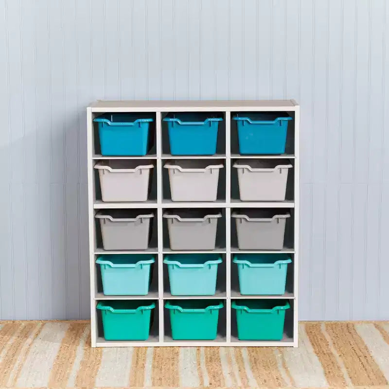 Armadio contenitore a 15 scomparti con cassetti a vista, griglia 5x3, mobili per bambini