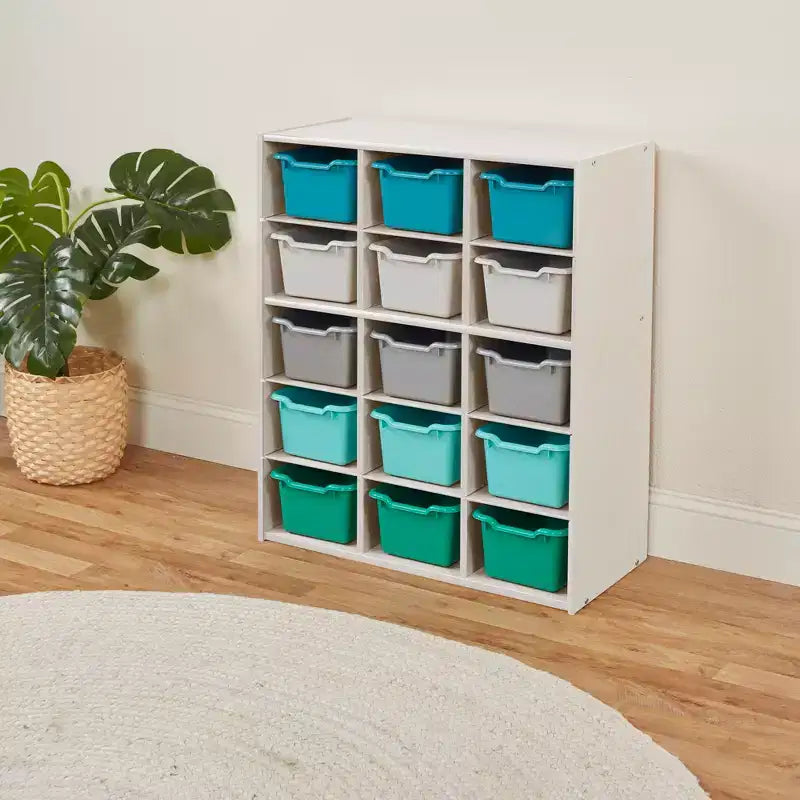 Armadio contenitore a 15 scomparti con cassetti a vista, griglia 5x3, mobili per bambini