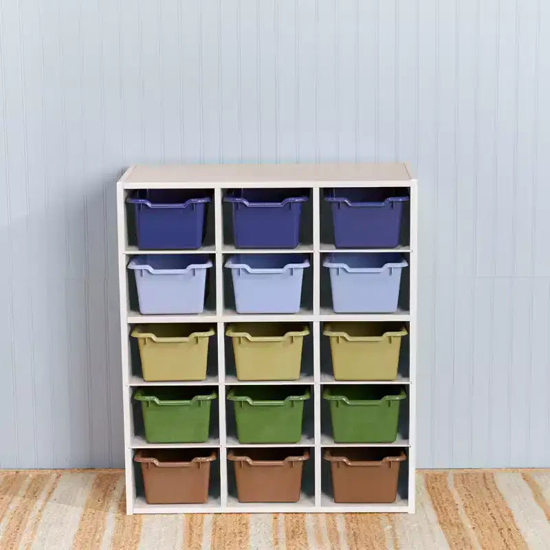 Armadio contenitore a 15 scomparti con cassetti a vista, griglia 5x3, mobili per bambini