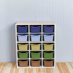 Armadio contenitore a 15 scomparti con cassetti a vista, griglia 5x3, mobili per bambini