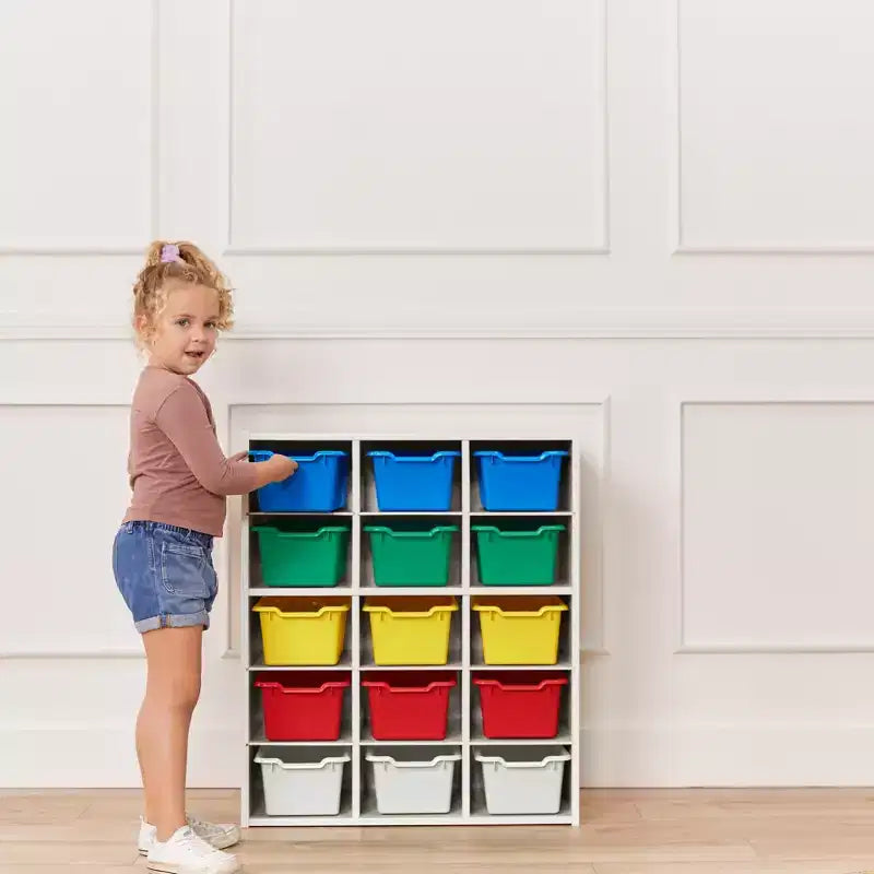 Armadio contenitore a 15 scomparti con cassetti a vista, griglia 5x3, mobili per bambini