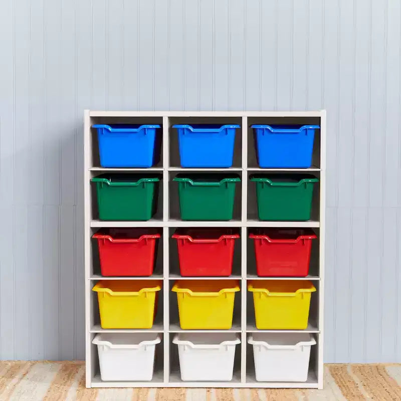 Armadio contenitore a 15 scomparti con cassetti a vista, griglia 5x3, mobili per bambini