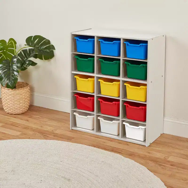 Armadio contenitore a 15 scomparti con cassetti a vista, griglia 5x3, mobili per bambini