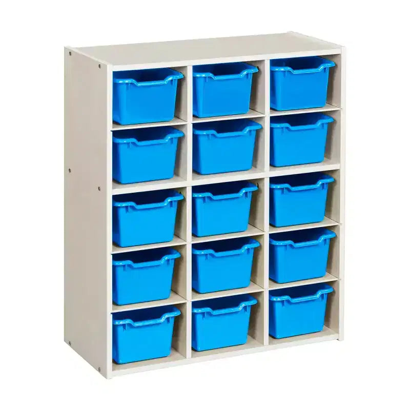 Armadio contenitore a 15 scomparti con cassetti a vista, griglia 5x3, mobili per bambini