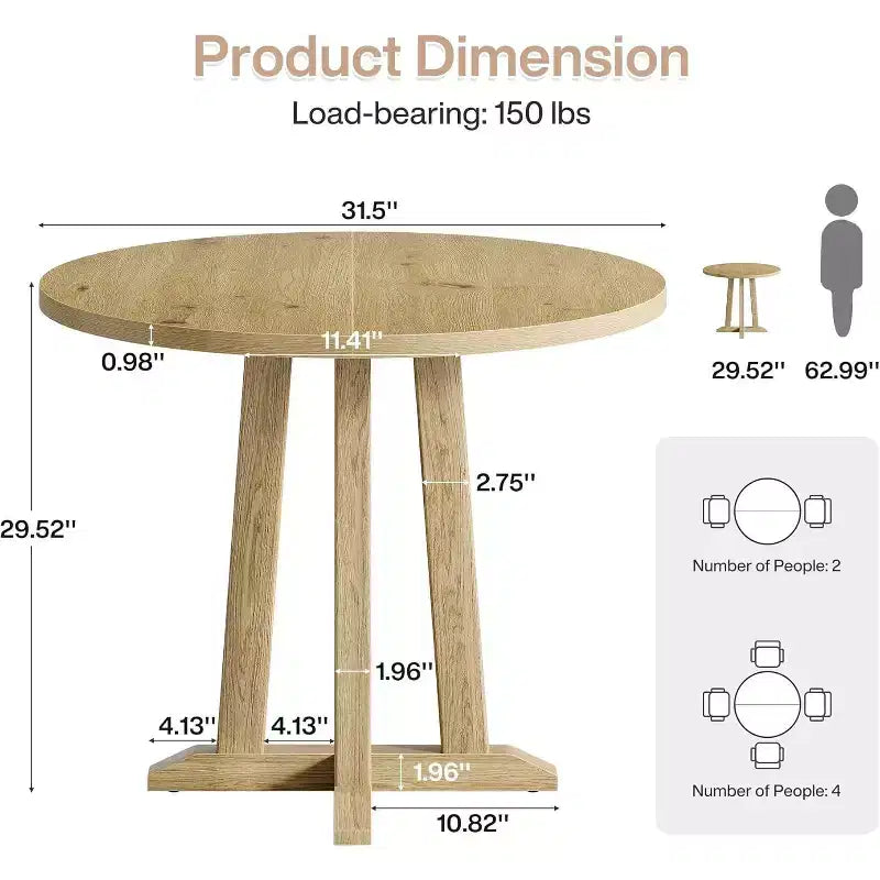 Tavolo da pranzo rotondo da 80 cm, 2-4 posti, stile rustico, finitura rovere