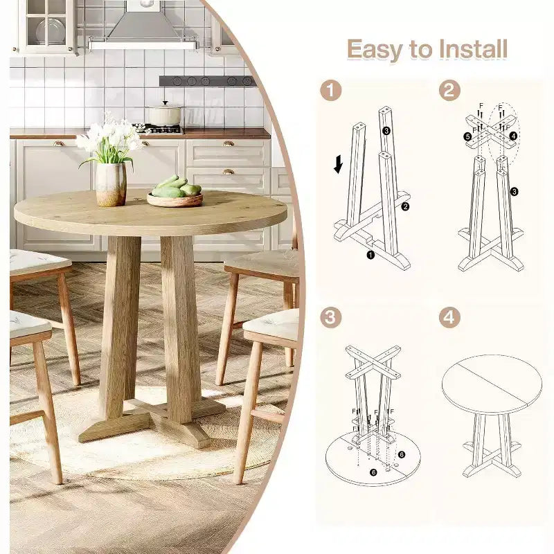 Tavolo da pranzo rotondo da 80 cm, 2-4 posti, stile rustico, finitura rovere