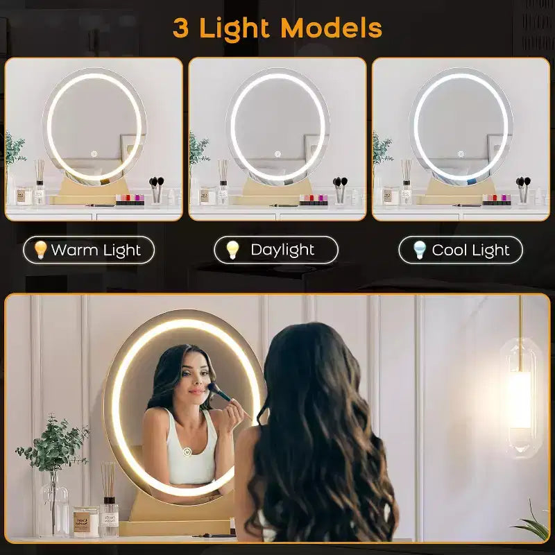 Set da toeletta per trucco con specchio illuminato, sgabello imbottito e 2 cassetti – Bianco e oro