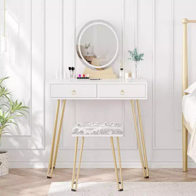 Set da toeletta per trucco con specchio illuminato, sgabello imbottito e 2 cassetti – Bianco e oro