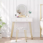 Set da toeletta per trucco con specchio illuminato, sgabello imbottito e 2 cassetti – Bianco e oro