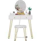 Set da toeletta per trucco con specchio illuminato, sgabello imbottito e 2 cassetti – Bianco e oro