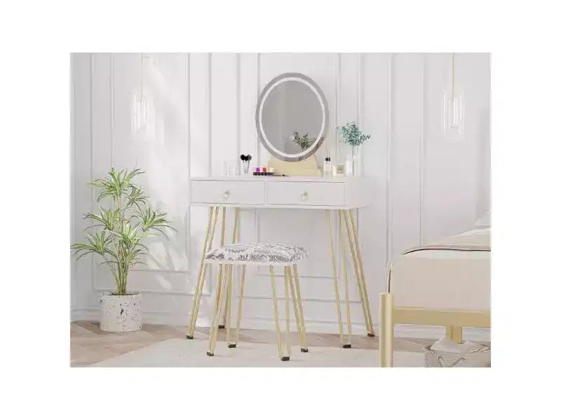 Set da toeletta per trucco con specchio illuminato, sgabello imbottito e 2 cassetti – Bianco e oro