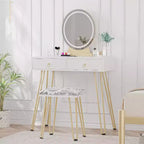 Set da toeletta per trucco con specchio illuminato, sgabello imbottito e 2 cassetti – Bianco e oro