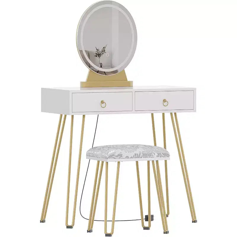 Set da toeletta per trucco con specchio illuminato, sgabello imbottito e 2 cassetti – Bianco e oro