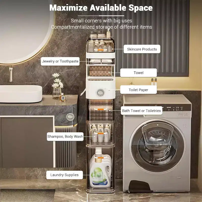 Mobiletto sottile per bagno con ruote, organizer in plastica a 5 cassetti con dispenser per fazzoletti, design salvaspazio per piccoli ambienti