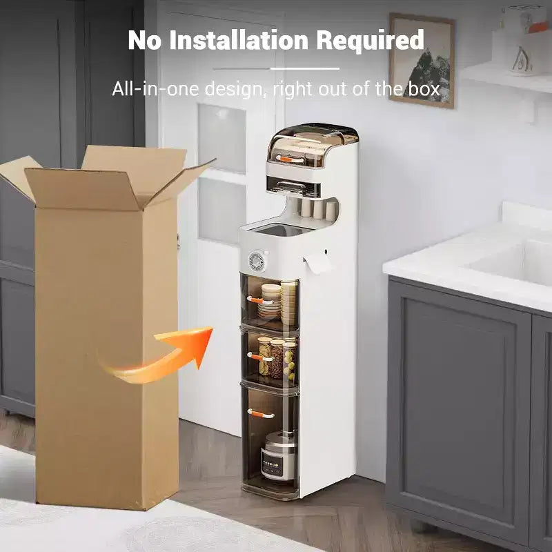 Mobiletto sottile per bagno con ruote, organizer in plastica a 5 cassetti con dispenser per fazzoletti, design salvaspazio per piccoli ambienti