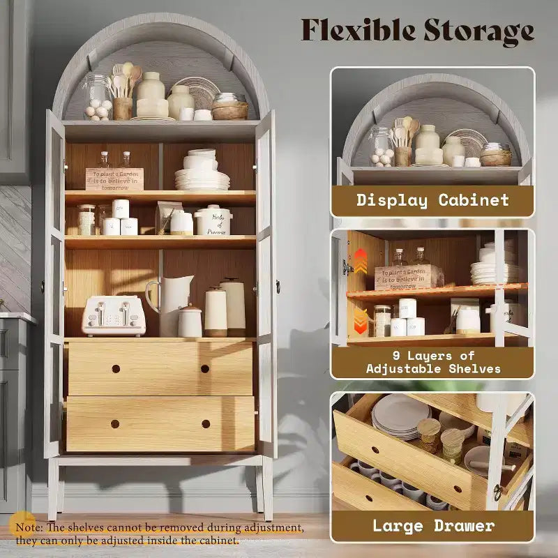 Mobile credenza ad arco alto 180 cm con ante in vetro e cassetti