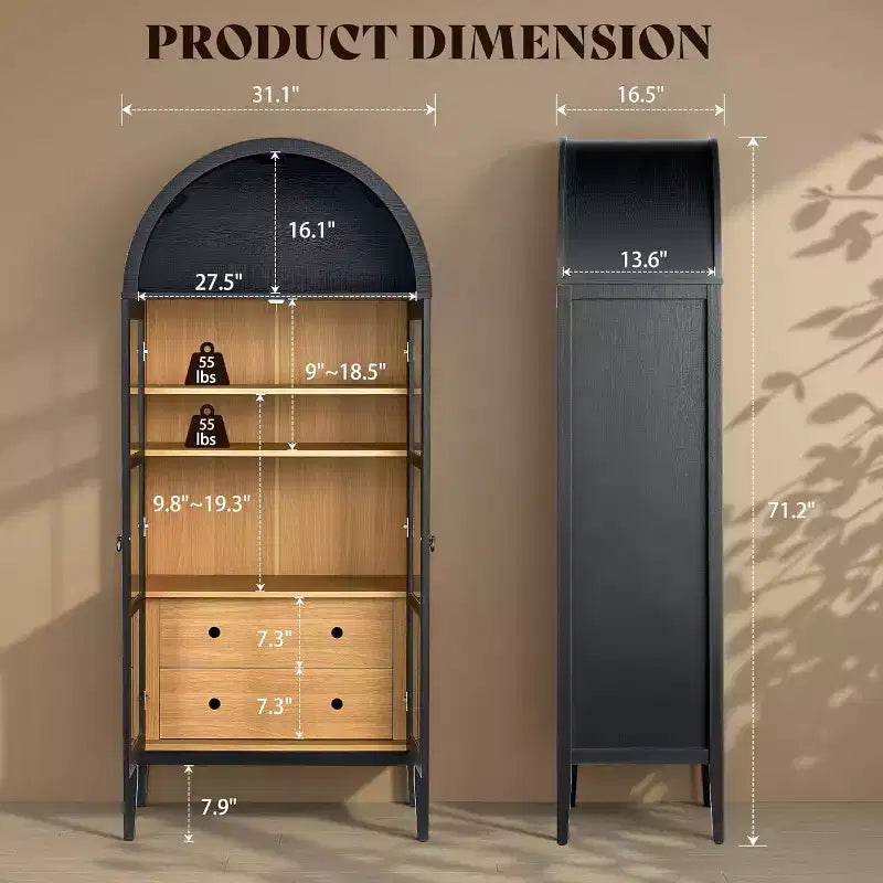 Mobile credenza ad arco alto 180 cm con ante in vetro e cassetti