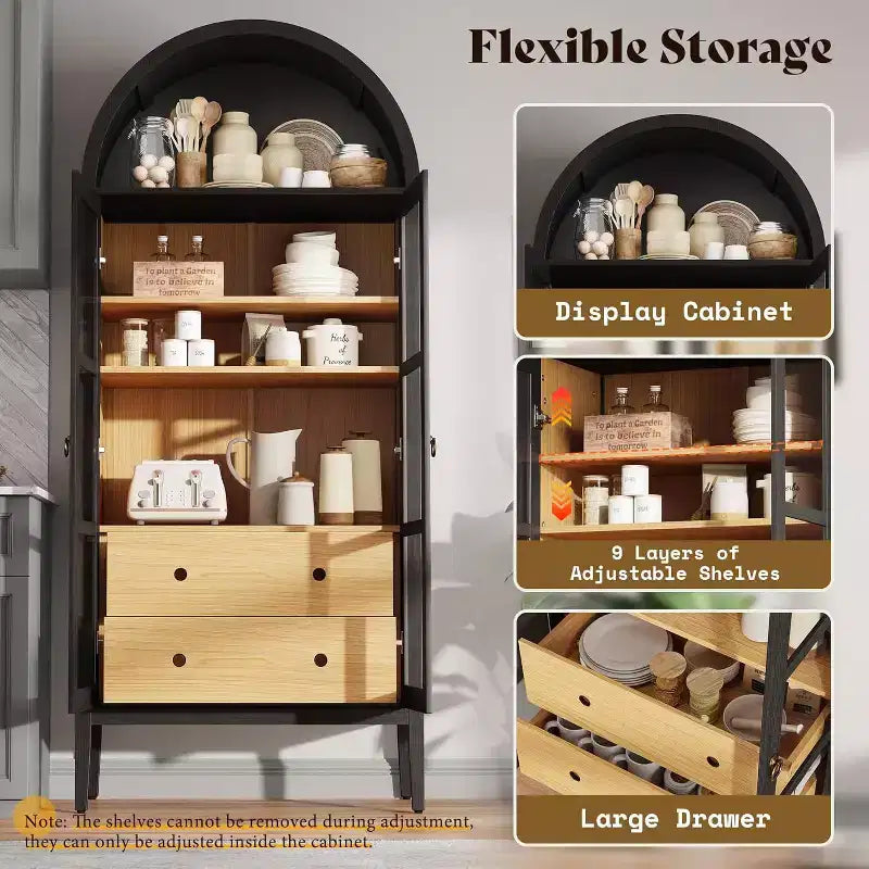Mobile credenza ad arco alto 180 cm con ante in vetro e cassetti
