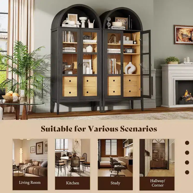 Mobile credenza ad arco alto 180 cm con ante in vetro e cassetti