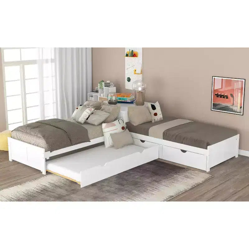 Letto a castello singolo a L con letto estraibile, cassetti e tavolo integrato, bianco