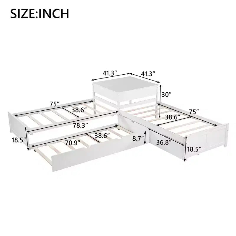 Letto a castello singolo a L con letto estraibile, cassetti e tavolo integrato, bianco