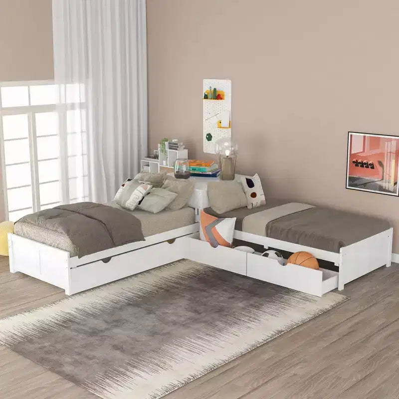Letto a castello singolo a L con letto estraibile, cassetti e tavolo integrato, bianco