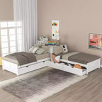 Letto a castello singolo a L con letto estraibile, cassetti e tavolo integrato, bianco
