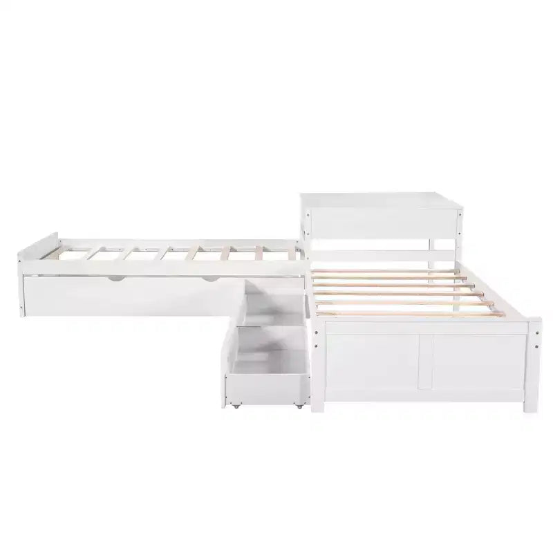 Letto a castello singolo a L con letto estraibile, cassetti e tavolo integrato, bianco