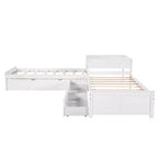 Letto a castello singolo a L con letto estraibile, cassetti e tavolo integrato, bianco