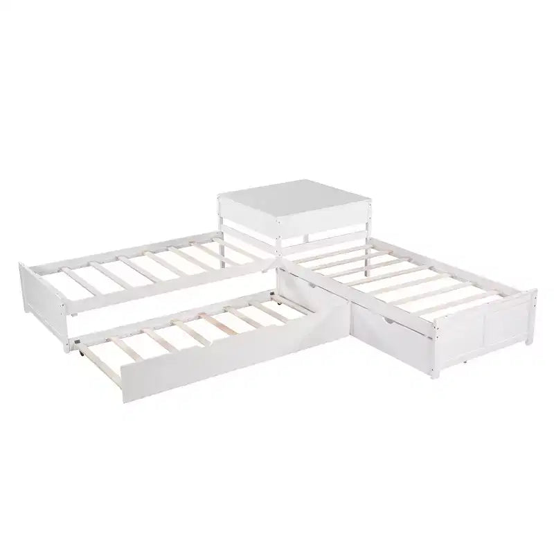 Letto a castello singolo a L con letto estraibile, cassetti e tavolo integrato, bianco