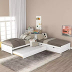 Letto a castello singolo a L con letto estraibile, cassetti e tavolo integrato, bianco