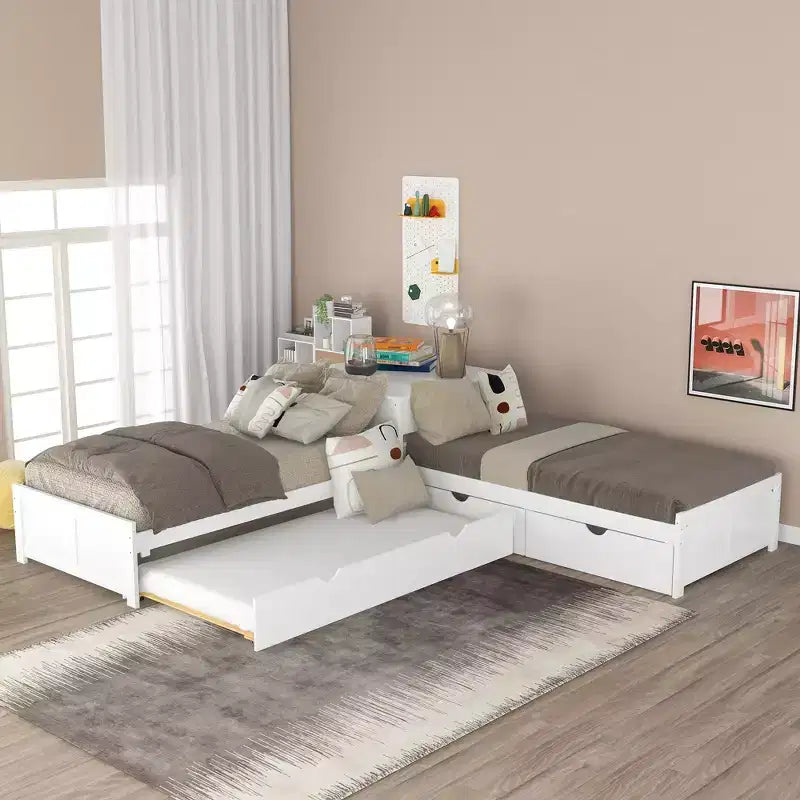Letto a castello singolo a L con letto estraibile, cassetti e tavolo integrato, bianco