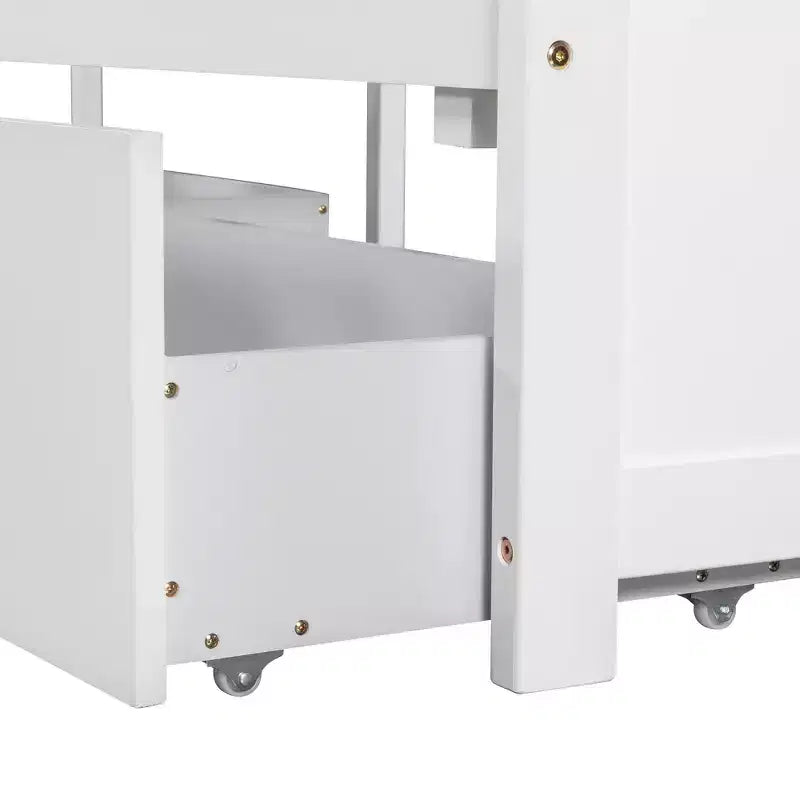 Letto a castello singolo a L con letto estraibile, cassetti e tavolo integrato, bianco