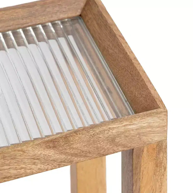 Tavolino in legno di mango con ripiano in vetro scanalato