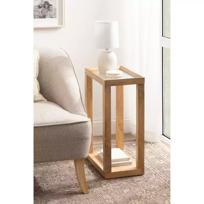 Tavolino in legno di mango con ripiano in vetro scanalato
