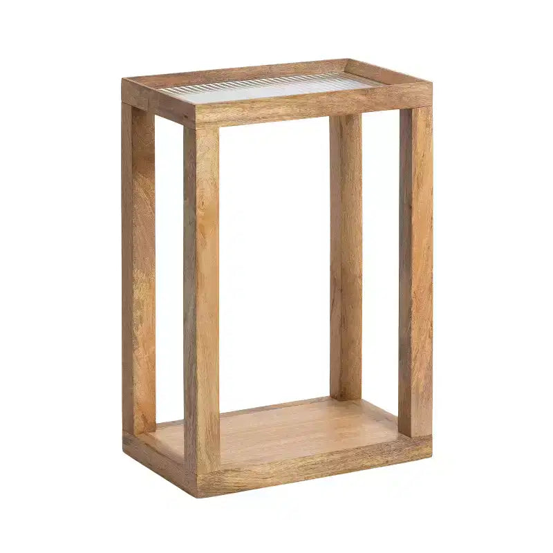 Tavolino in legno di mango con ripiano in vetro scanalato