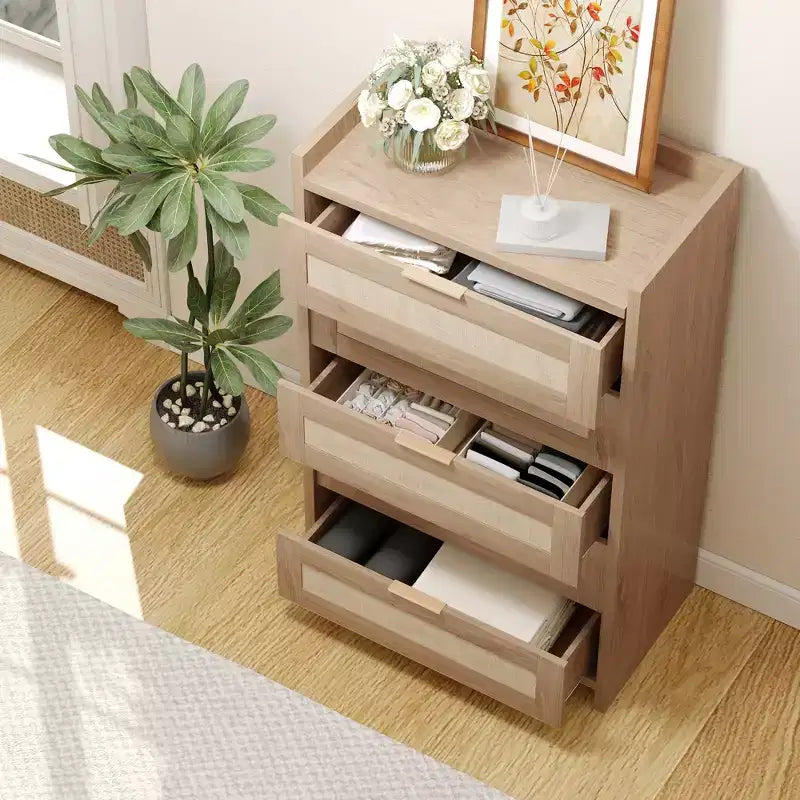Cassettiera a 5 cassetti in rattan con pannelli intrecciati – Mobiletto da 117 cm