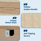 Cassettiera a 5 cassetti in rattan con pannelli intrecciati – Mobiletto da 117 cm