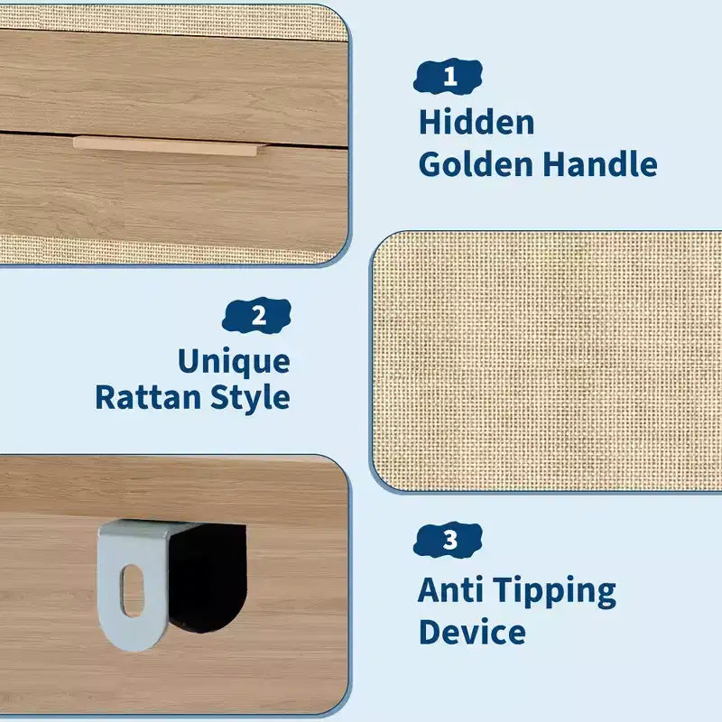 Cassettiera a 5 cassetti in rattan con pannelli intrecciati – Mobiletto da 117 cm