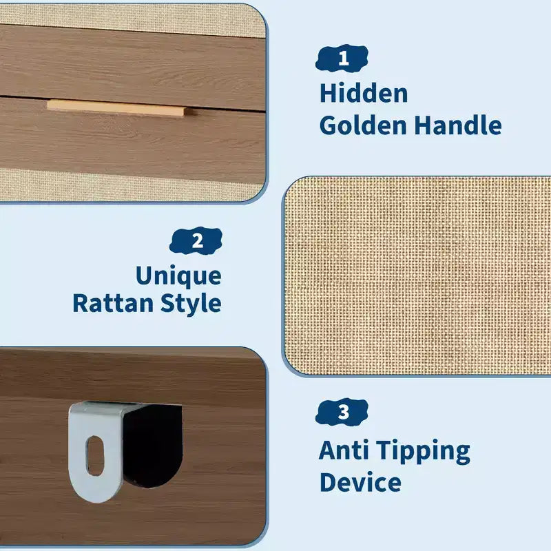 Cassettiera a 5 cassetti in rattan con pannelli intrecciati – Mobiletto da 117 cm
