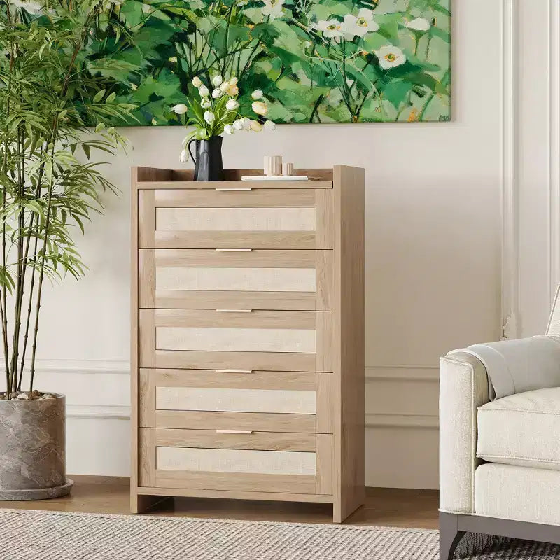 Cassettiera a 5 cassetti in rattan con pannelli intrecciati – Mobiletto da 117 cm