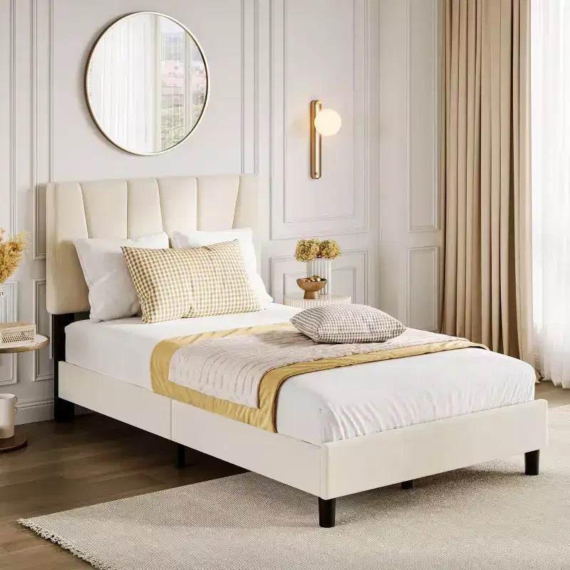Letto Imbottito con Base a Piattaforma e Testiera Regolabile, Beige, Matrimoniale