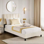 Letto Imbottito con Base a Piattaforma e Testiera Regolabile, Beige, Matrimoniale