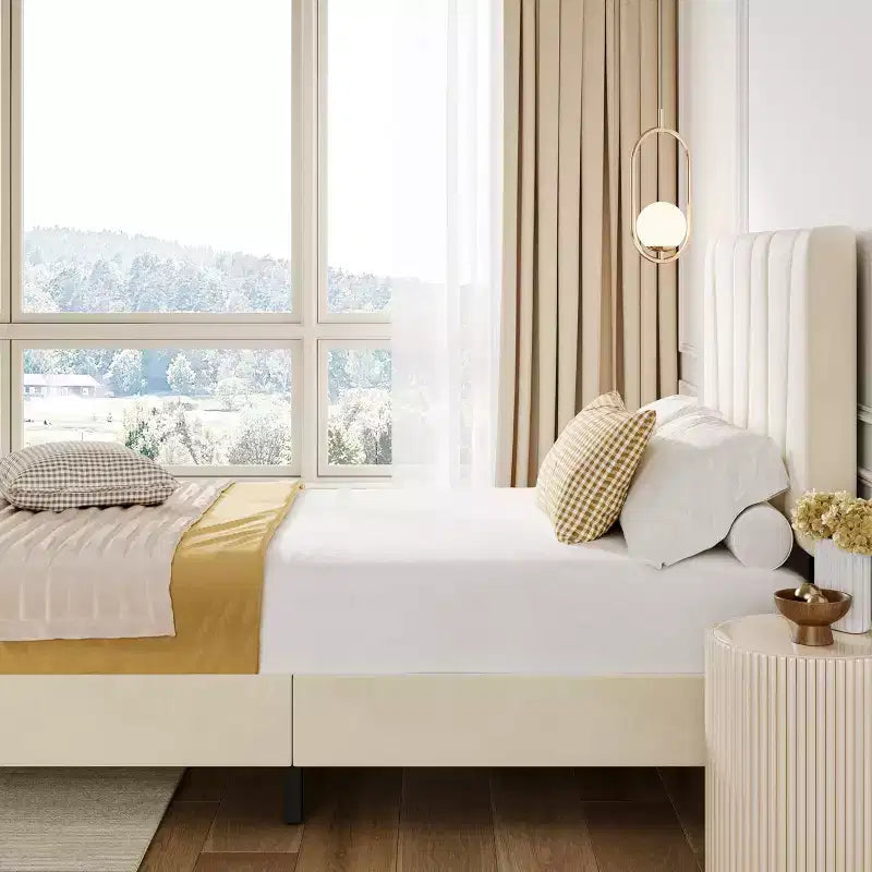 Letto Imbottito con Base a Piattaforma e Testiera Regolabile, Beige, Matrimoniale