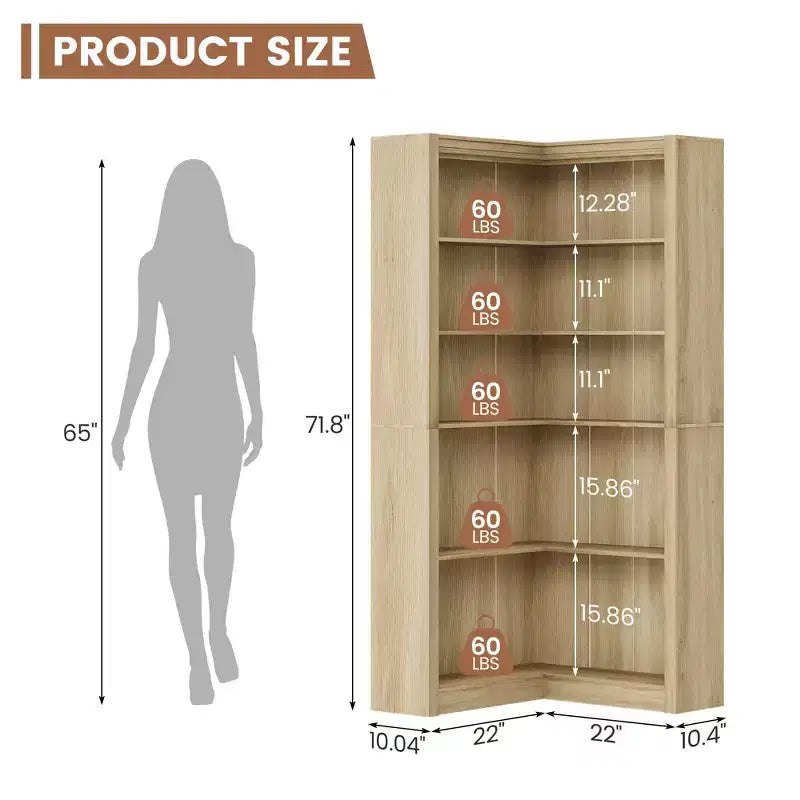 Libreria ad angolo a forma di L a 5 ripiani da 182 cm con contenitore