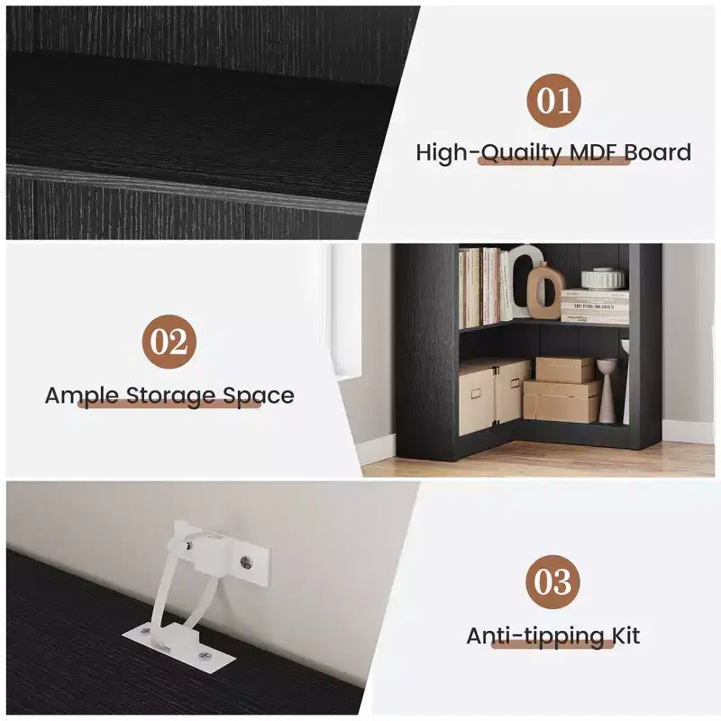 Libreria ad angolo a forma di L a 5 ripiani da 182 cm con contenitore